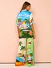 スタイリッシュレディトロピカルプリントホリデー2ピースセット女性ハーフスリーブシャツとワイドレッグパンツスーツ2024サマーカジュアルビーチの衣装