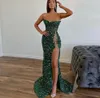 Sexy Green Glitter Prom Party Dress 2024 Women Strapless Sequin Beads Silt Evening Formal Birthday Gowns Robe De Soiree Vestidos De Feast