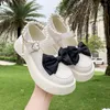 Dress Shoes Black Bowtie Platform Mary Janes Women 2024 Spring Heart Buckle Low Heels Pumps Woman Patent Leather White Lolita