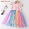 Girl's Dresses Bear Leader Flying Sleeve Girls Colorful Dress Summer Kids Rainbow Mesh Party Dresses Children Clothing Vestidos Outfits yq240327