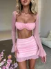 Mozision Mesh Sexy Dress Set Women Strapless Full Sleeve Crop Top And Mini Skirt Matching Sets Female Club Party Two Piece 240321