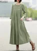 ZANZEA Casual Loose Plissee Vestidos Frauen Solide Retro Langes Kleid Mode 34 Ärmel Sommerkleid Urlaub Rundhals Robe Übergroßen 240327