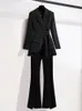 Vrouwen Pakken Kantoor Sets Lente Lange Mouw Vouw Pocket Blazer Effen Kleur Bell Bottoms Mode Elegantie Dame 240327