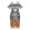 Feestjurken Dames Rose Ruches Korte mouw Rasta Kleur Polynesische Tribal Halloween Schedelprint Jurk Chinese stijl Casual