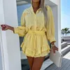 Work Dresses Elegant Commute Outfits Fashion Solid Color Casual 2pc Set Spring Summer Stand-up Collar Wrist Shirts Ruffles Short Skirts Suit