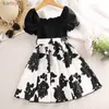 Girl's Dresses Dress Kids Girls 8-12 Years Girls Short Sleeve Dress With Black Print Patchwork Elegant Vacation Holiday Party Dress yq240327