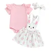 Ensembles de vêtements pour bébés filles, tenue de pâques, barboteuse à volants, jupe à bretelles, bandeau, 3 pièces, vêtements de naissance