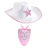 Bérets Chapeau de cowboy rose Western Cowgirl avec bandana plume strass Costume de vacances Panama Fedora Party C1A6