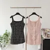 Casual Dresses Spring Summer Temperament Tweed Mini Dress Women Sexy Small Fragrance Plaid Double Breasted Tank Robe Ladies 2024
