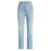 Jeans pour femmes IOO 2024 printemps et été taille haute bleu clair effiloché bord ample micro évasé neuf points