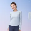 Aktive Shirts Hochelastische Nude Mesh Yoga Langarm Damen Schlank Schlankheits Schnell trocknende Kleidung Nahtlose Tops