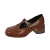 Dress Shoes British Small Leather For Women Design Thick Heels High Square Toe Belt Buckles Casual Single