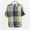 Men's Casual Shirts Cotton And Linen Loose Retro Plaid Fashion Shirt Short Sleeve Summer Blue For Men Tops Camisa