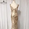 Robes de soirée broderie dentelle or bal haut-bas sequin robe de soirée col en V profond ouvert avant robe dorée sirène formelle