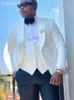 Ivoor Bruiloft Pakken voor Mannen 3 Stuks Kostuum Mariage Homme Afrikaanse Blazer Jas Tuxedos Bruidegom Slijtage Jas + Vest + broek + Vlinderdas z0HD #