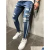 Heren Jeans Heren Blauw Denim Gescheurd Slim Fit Zijgestreept Mannelijke Skinny Potloodbroek Casual Broek Met Ritsen Drop Delivery Kleding Dhuns