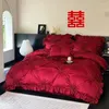 Bedding Sets 1000TC Egyptian Cotton Chic Heart Pinch Pleated Duvet Cover Wine Red Wedding Set Comforter Bed Sheet Pillowcases