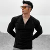 new fi men's T-shirt lg sleeve top casual exercise stretch slim sportswear zipper neckline with shoulder sleeve T-shirt T3nX#