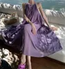 Robes décontractées Femmes Mode Violet Vacances Fête Halter Bandage Robe plissée Vintage Sans manches Femme Chic Lady Dos nu Été