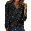 Women's Blouses Women Top Sparkling Sequin V Neck Blouse For Elegant Long Sleeve Pullover With Soft Fabric Stylish Pure Color Wear