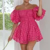 Casual Dresses Women's Summer Off the Shoulder Dress Short Puff Sleeve A Line Ruffle Holiday A-Line Mesh Fabric Vestidos