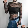 T-shirt Femme Femmes T-shirts Dentelle Transparente À Manches Longues Top T-shirts Y Dames Sheer O-Cou Tops Noir Lettre Impression Transparent Pers Dhqeb