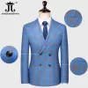 S-5xl-blazer de para hombre、traje formal ajustado a cuadros azules、traje de 3 piezas para novio、vestido de boda、esmoquin fiesta u20p＃