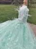 Dog Apparel Handmade Unique Luxury Design Clothes Pet Trailing Dress Wedding Evening Gown Mint Green Feather Pearl 3DFlower Bud Tulle