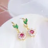 Stud Earrings European And American Style Fashion Trend Sweet Color Gem Flowers Green Leaf Female