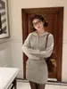 Work Dresses Sweet Girl Suit Women's Spring Twists Grey Knitted Hooded Pullover High Waist Skirt Two-piece Set Fashion Female Clothes