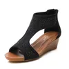 Hanche dos fermeture éclair pente talon sandales été sandale femmes semelle épaisse style fée bohème chaussures de plage 240228