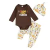 Set di abbigliamento Pudcoco Neonati maschi Pantaloni Set Manica lunga Girocollo Lettere Stampa Pagliaccetto Cappello di zucca Abiti del Ringraziamento 0-18 M