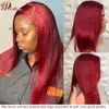 Perruque de cheveux humains avant en dentelle rouge droite 13X6 99J bordeaux pour les femmes pré-plumées Remy 180%