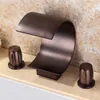 Bathroom Sink Faucets MTTUZK Oil Rubbed Bronze Bathtub Faucet Cold Waterfall Two-hand Wheel Basin Three-piece Set 3 Hole