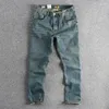 Мужские джинсы Q132 # 2024, весна и осень, американский ретро саржевый деним, простые потертые старые прямые молодежные повседневные брюки из 96% хлопка