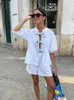 2024 Summer Spring Stripe Two Piece Set Casual Short Sleeve Bow Lace Up Croped Top Shorts Suit Beach Holiday Lady 240323