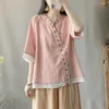 Ubrania etniczne 1PCS Style chiński retro koszulka w dekolcie w dekolcie letnia bawełniana lniana ulepszona bluzki hanfu luźne kostiumy krótkie topy kobiet