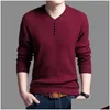 Herrtröjor Herr MENS 2021 Henley Neck Sweater Fashion V-ringen varm Slim Plover för män Autumn Casual Long-Sleeve Homme Knittwear Drop D Dhtcr