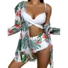 Maillots de bain pour femmes Maillot de bain lisse Bikini imprimé floral Ensemble avec slip taille haute Soutien-gorge croisé Cardigan Cover Up Summer pour la plage A