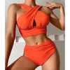 Costume da bagno da donna Costume da bagno tinta unita con scollo all'americana per donna Bikini a due pezzi Costume da bagno da donna con fondo medio grande e superiore