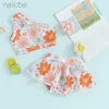 One-Pieces 0-4Y Girls Swimsuits 2 Piece Sets Bikini One Shoulder Flower Tops + Swim Shorts Toddler Swimwear Kids Summer Bathing Suits 24327