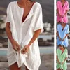 Chemisiers pour femmes chemise longue à manches courtes été bord de mer vacances plage bikini maillot de bain couverture couleur unie décontracté bouton ample T-shirt
