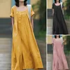 Festklänningar kvinnor sommar överdimensionerad bomullslinne maxi casual kort ärm vestidos mujer fyrkantig krage loungue robe femme