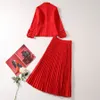 유럽 ​​및 미국 여성 드레스 2023 겨울 새로운 긴팔 디스크 버튼 모직 코트 빨간 주름 치마 패션복