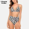 Costume da bagno da donna Costume da bagno bikini a triangolo Charmleaks Costume da bagno con stampa animalier Vita alta Due pezzi Costume da bagno con allacciatura sulla schiena