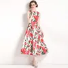 Casual Dresses Fashion Runway Flower Ladies Summer Midi Dress Women's Elegant Sleeveless Floral Print Vintage Pleated Club Party Vestidos