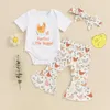 Set di abbigliamento Completi estivi per neonata Stampa di lettere Pagliaccetti a maniche corte Pantaloni svasati gallina Fascia per capelli Set di vestiti da 3 pezzi