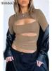 T-shirt da donna Scava fuori Split Cropped Top Donna Y2K Moda O Collo Sexy Criss Cross Donna Skinny Casual Autunno 2024 Camicia Chic