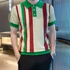 Casual Slim Stretch Gebreide Polo Shirts Mannen Luxe Gestreepte Patchwork Breien Tops Zomer Korte Mouw Knop Revers Heren T-shirt 240321