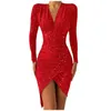 Casual Dresses Deep V Neck Ruched Midi Dress Women 2024 Spring Sexy BodyCon Oregelbundet Bandage Party Evening Elegant Long Sleeve Vestidos